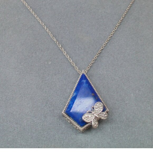 Sterling Silver .925 Lapis Lazuli Pendant Necklace With Butterfly Accent - Picture 2 of 4